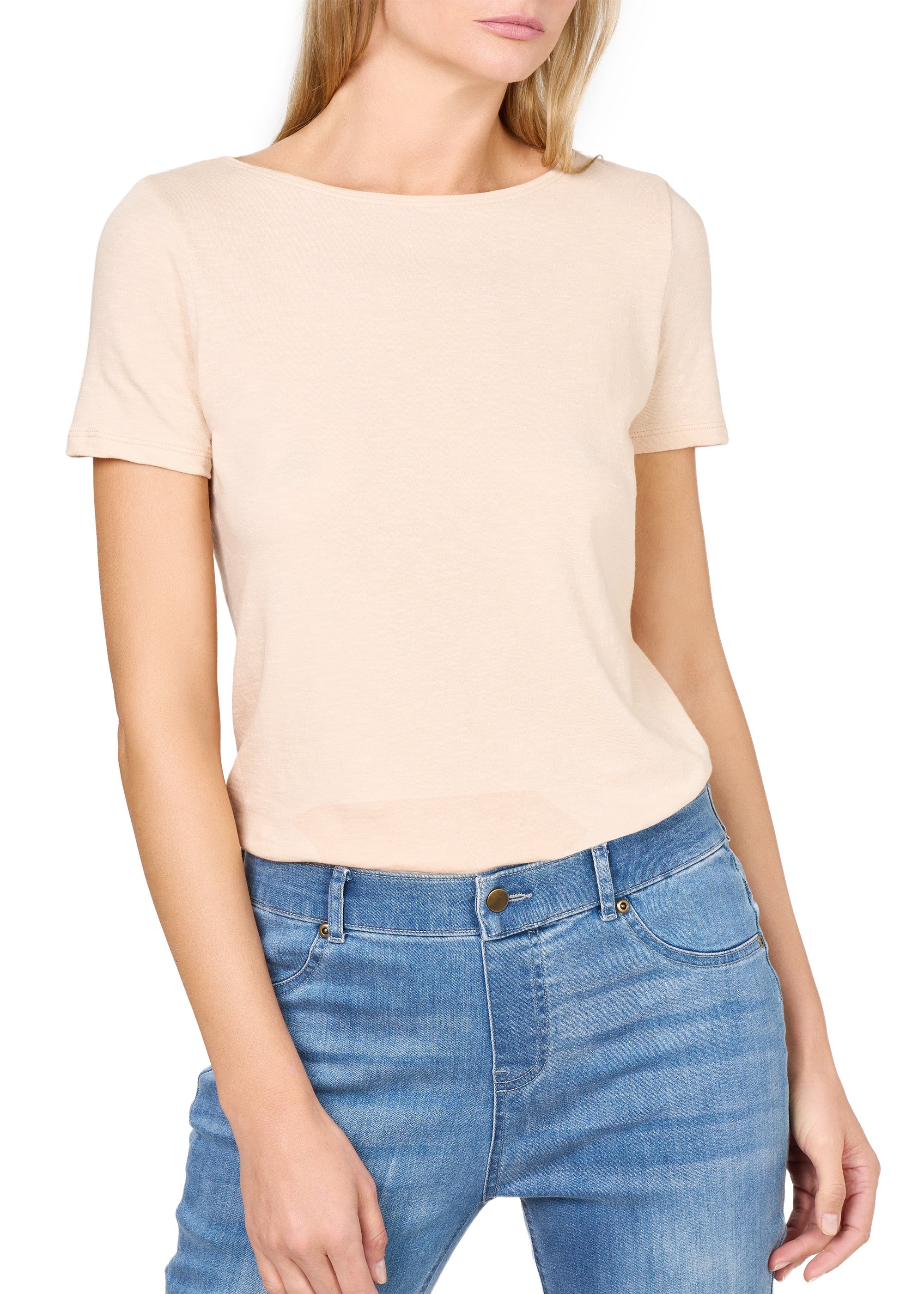 SHORT SLEEVE SHIRT WITH LINEN BOAT NECKLINE